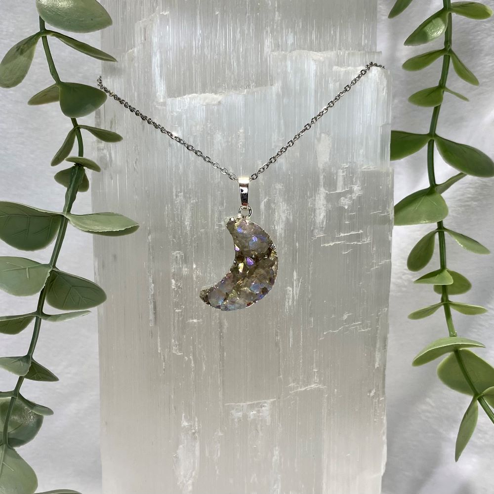 Druzy cluster crescent moon shape necklaces in silver & gold style finishes - 6 colour choices