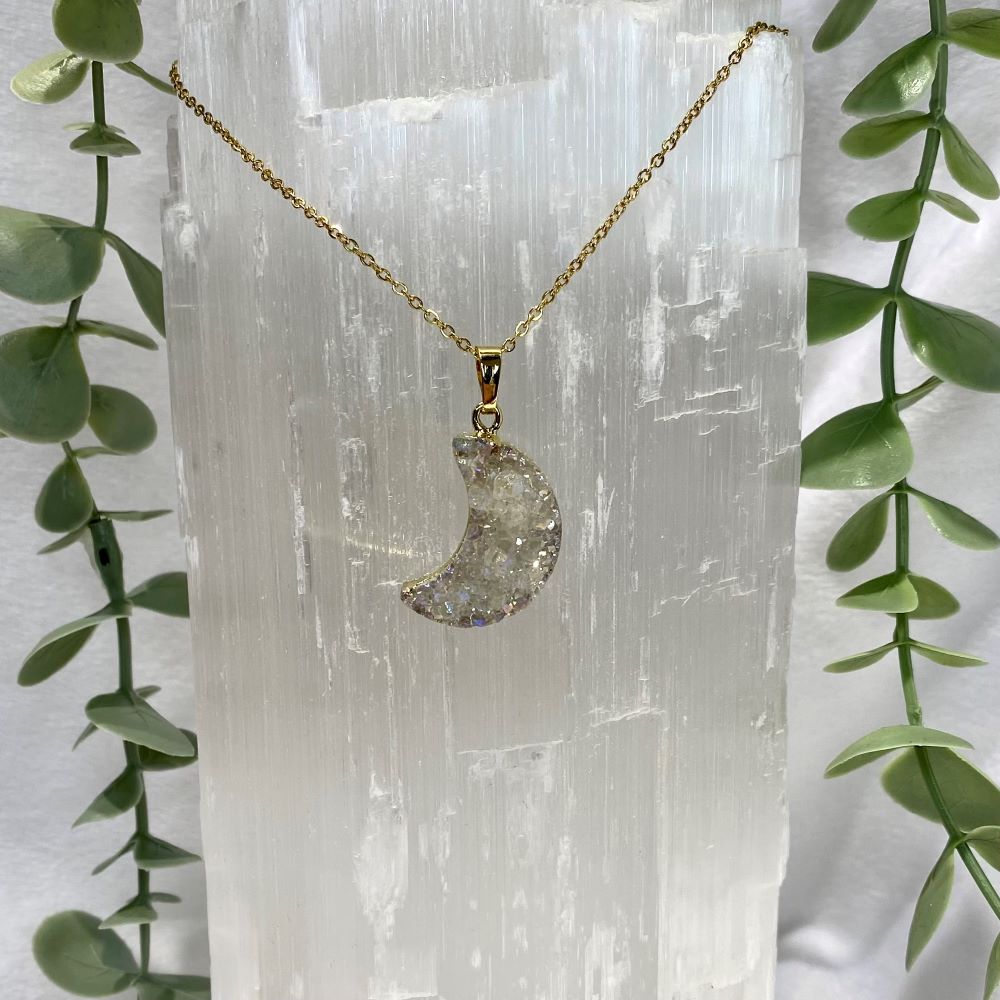 Druzy cluster crescent moon shape necklaces in silver & gold style finishes - 6 colour choices