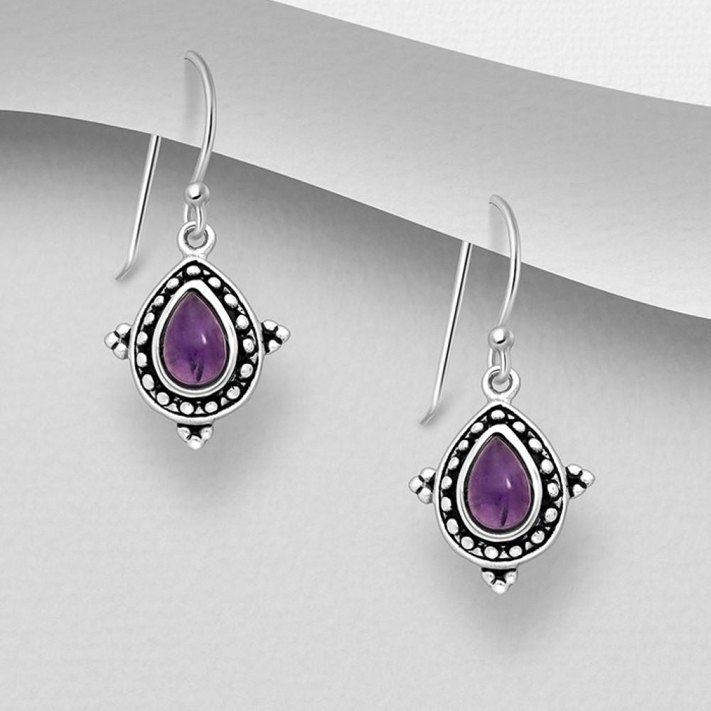 Boho gypsy dot design tear drop oxidised sterling silver hook earrings set with tear drop amethyst cabochons