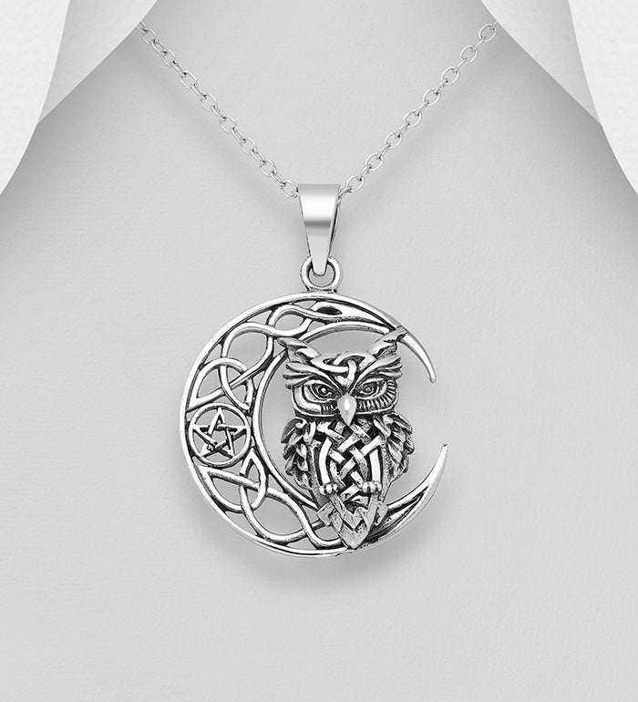 Celtic moon and Owl pendant with pentagram in sterling silver Charms & Pendants The Crystal and Wellness Warehouse 