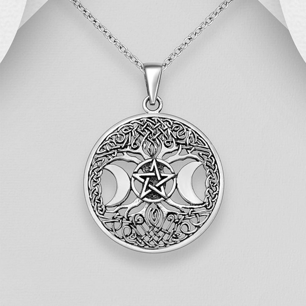Celtic knot tree of life sterling silver pendant with triple moon pentagram design