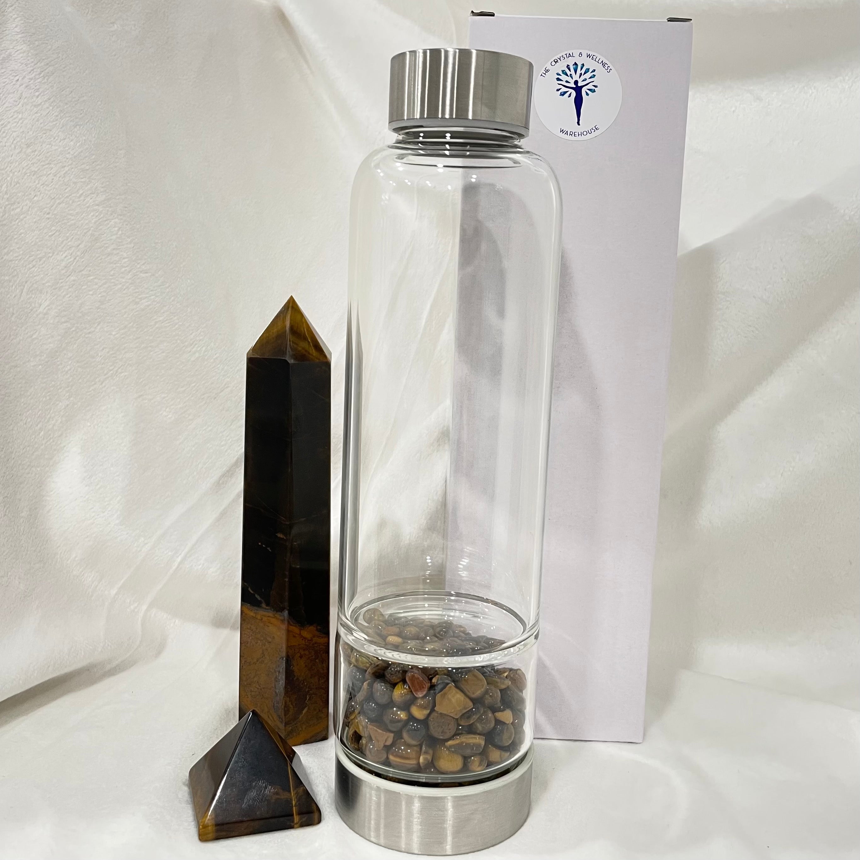Crystal Water Bottle in glass with insulated cover Spirituality The Crystal and Wellness Warehouse Tigers Eye 