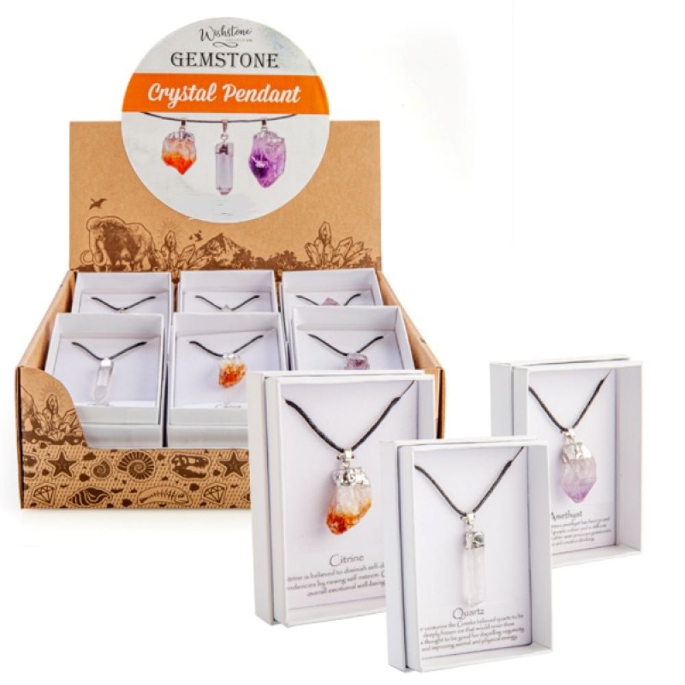 Crystal necklace in 3 crystal varieties in gift box ~ Amethyst / citrine / clear quartz