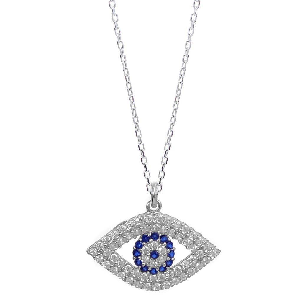 Evil eye sterling silver necklace with sapphire blue & clear cubic zirconia's celebrity style design