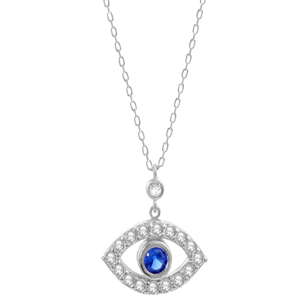 Evil eye celebrity style oval eye necklace in sterling silver set with cubic zirconia drop design