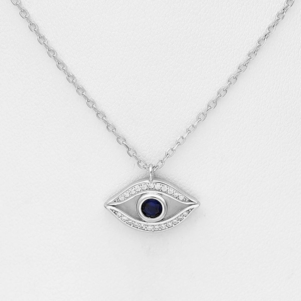 Evil eye necklace in sterling silver set with blue & clear cubic zirconias adjustable length