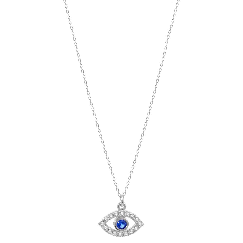 Evil eye celebrity style oval eye necklace in sterling silver set with cubic zirconia drop design