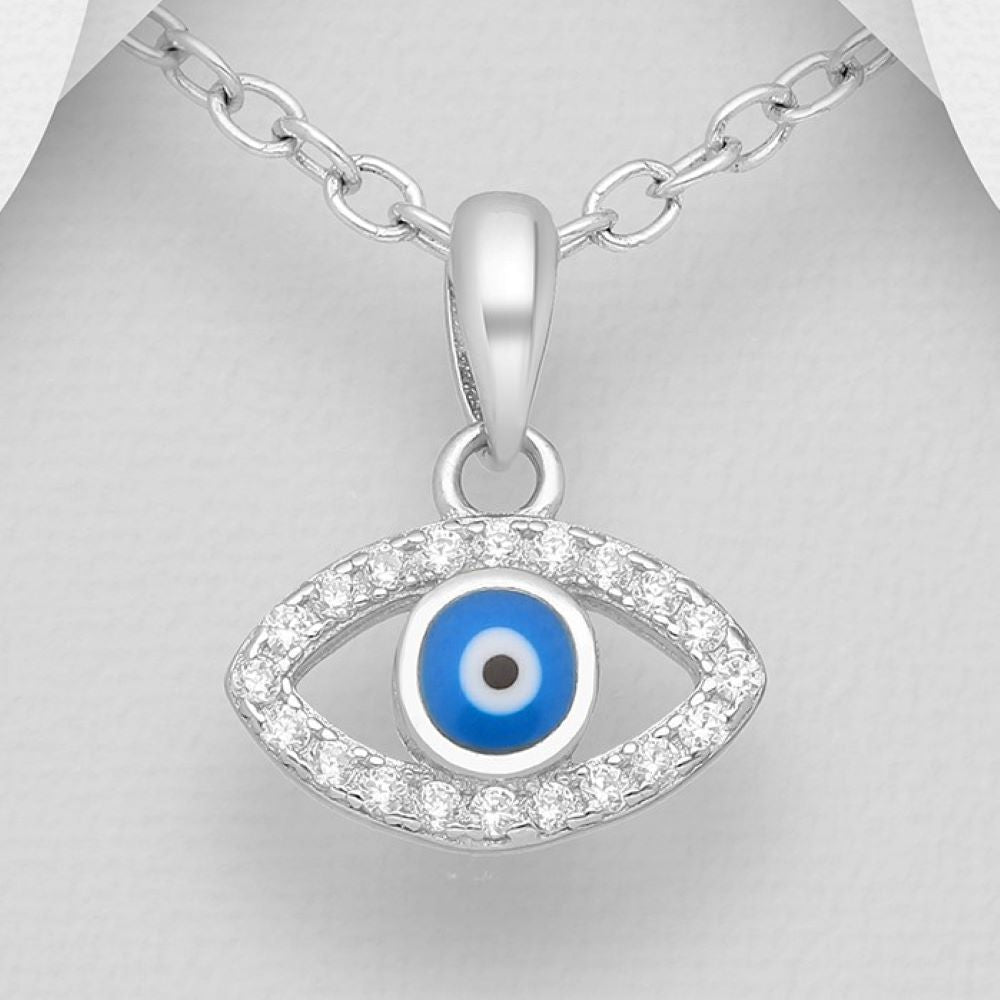 Evil eye sterling silver pendant with enameled eye and cubic zirconia
