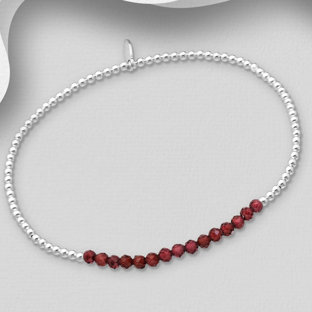 Garnet faceted bead bracelet in sterling silver stretch petite design