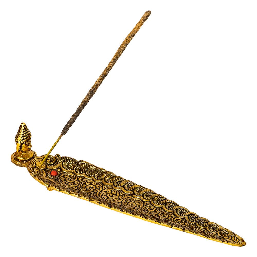 Buddha head leaf design incense holder in gold finish