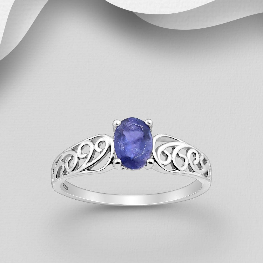 Iolite solitaire swirl design silver ring