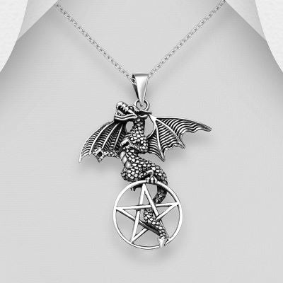 Large dragon and pentagram oxidized silver pendant Charms & Pendants The Crystal and Wellness Warehouse 
