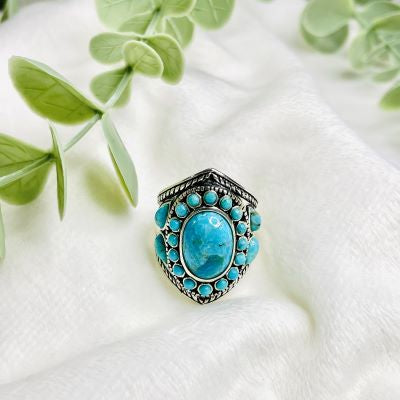 Large turquoise native American inspired design statement silver ring SIZE 9 Rings The Crystal and Wellness Warehouse 