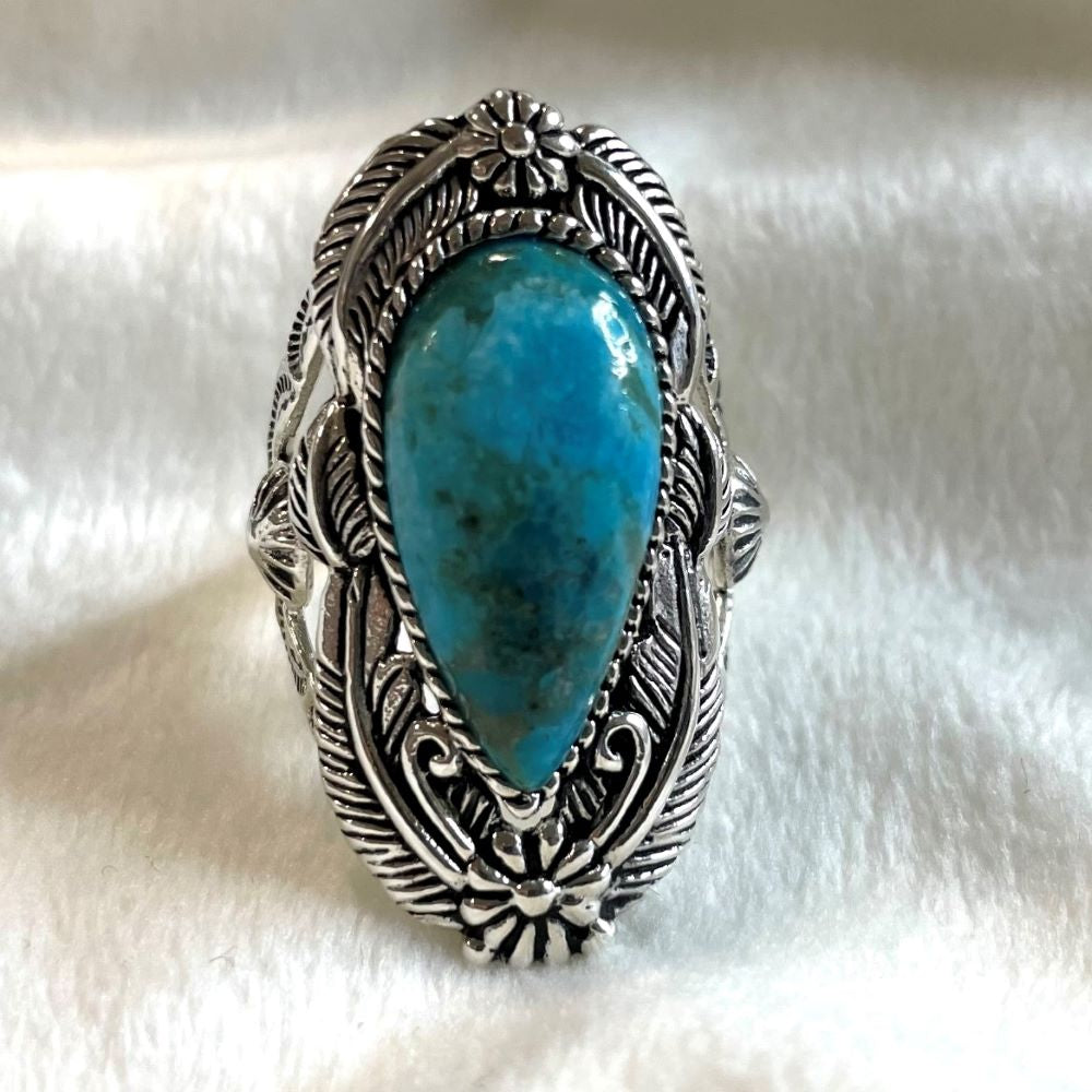 Large turquoise statement silver ring, native inspired feather & flower design size 9 / 10