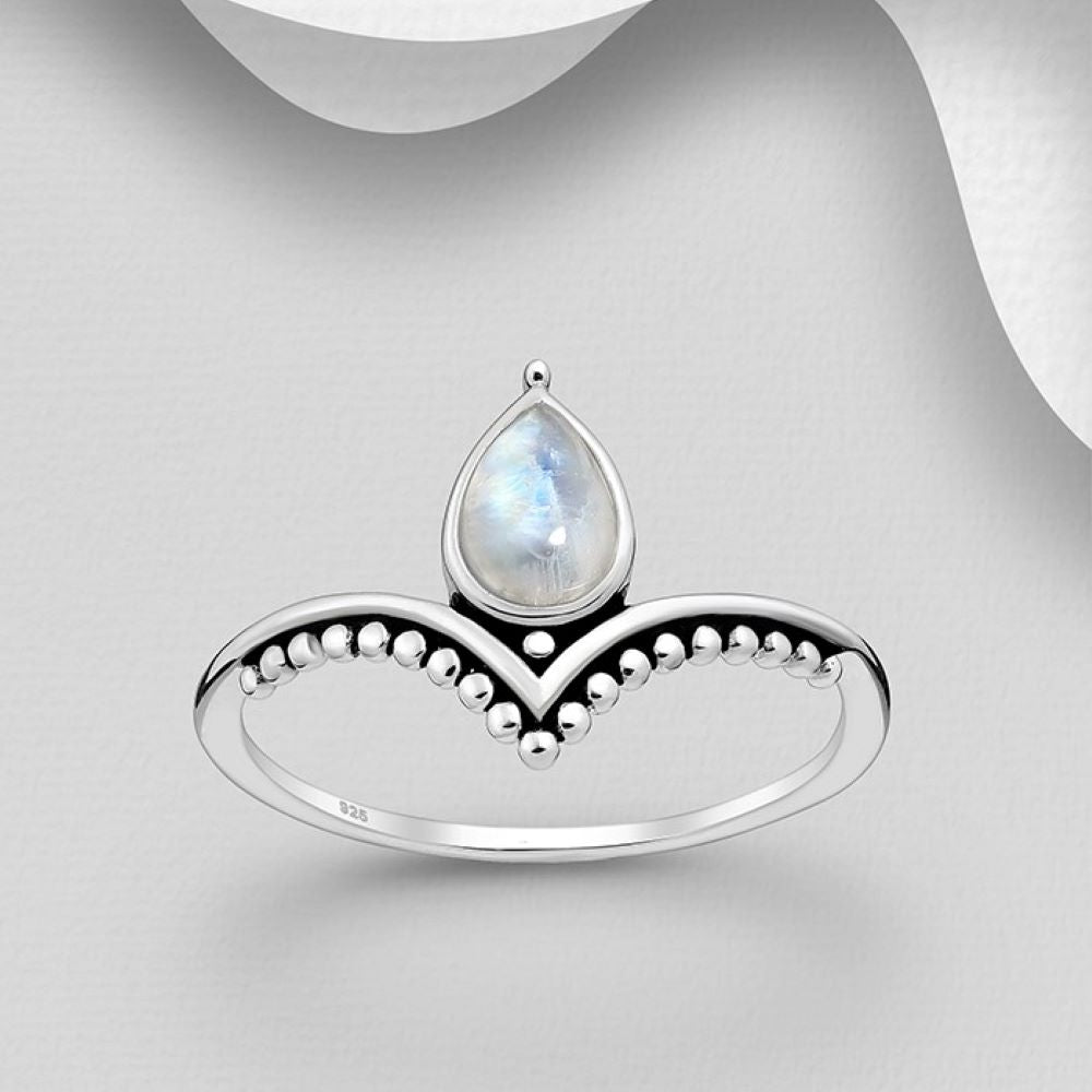 Rainbow moonstone teardrop shape chevron sterling silver ring