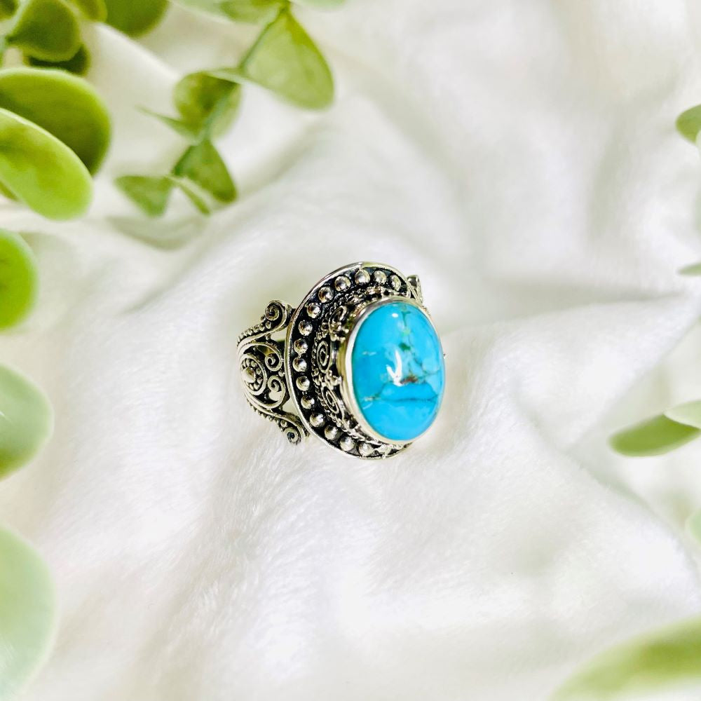 Oval turquoise boho swirl design sterling silver ring in large sizes