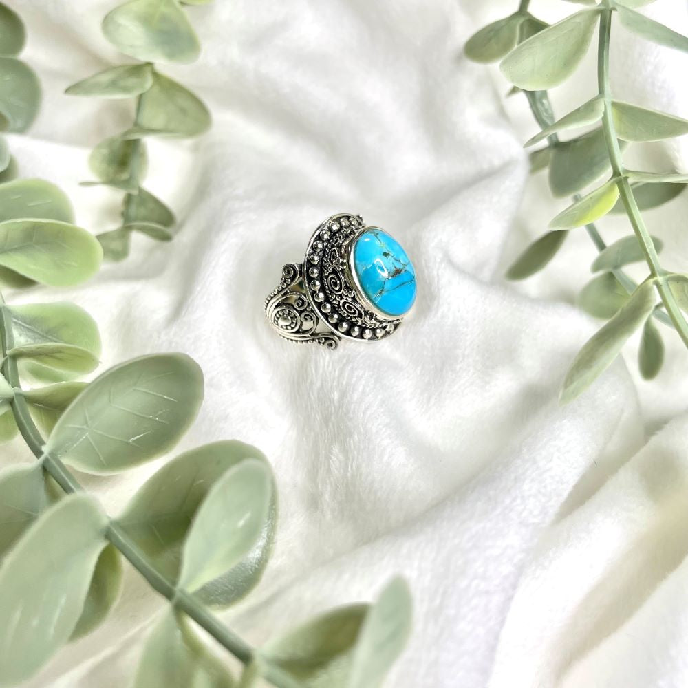 Oval turquoise boho swirl design sterling silver ring in large sizes
