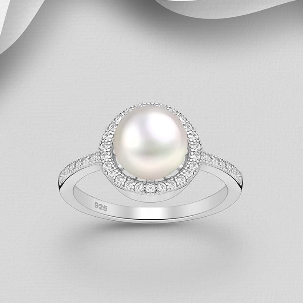 Freshwater pearl sterling silver halo ring with cubic zirconias