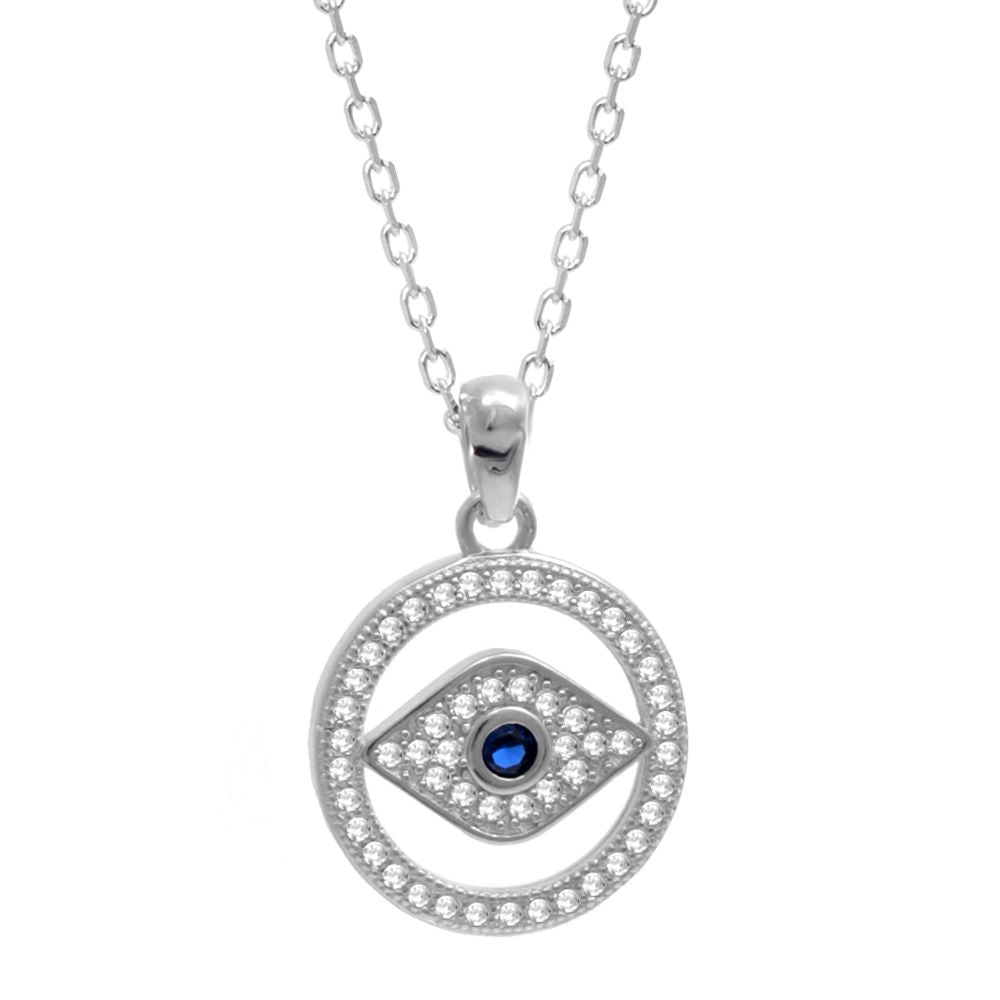 Evil eye round design / eye 50cm necklace  in sterling silver set with sapphire blue & clear cubic zirconias