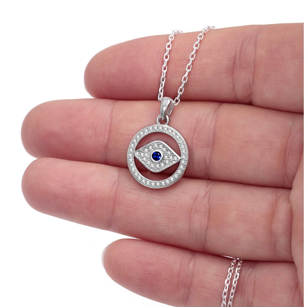 Evil eye round design / eye 50cm necklace  in sterling silver set with sapphire blue & clear cubic zirconias