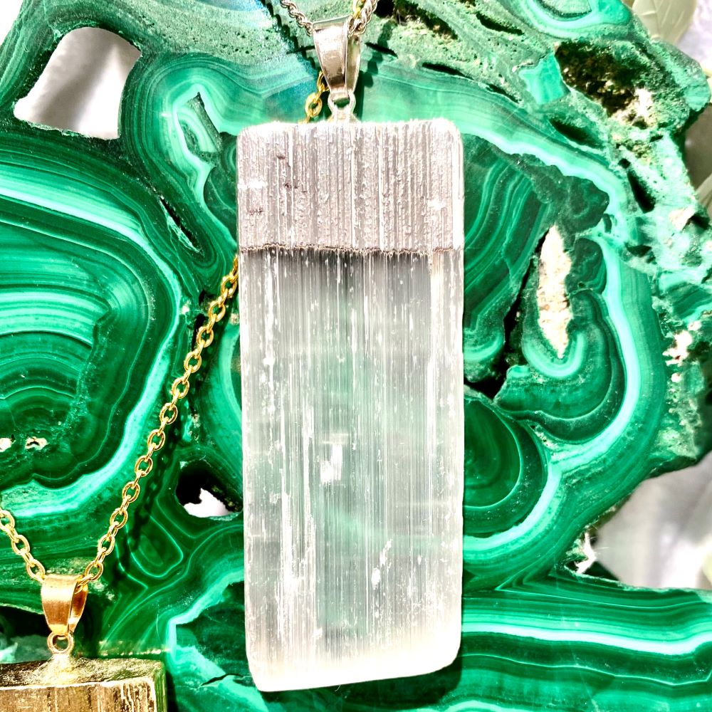 Selenite rectangle necklace in silver and gold style finish 50cm chain