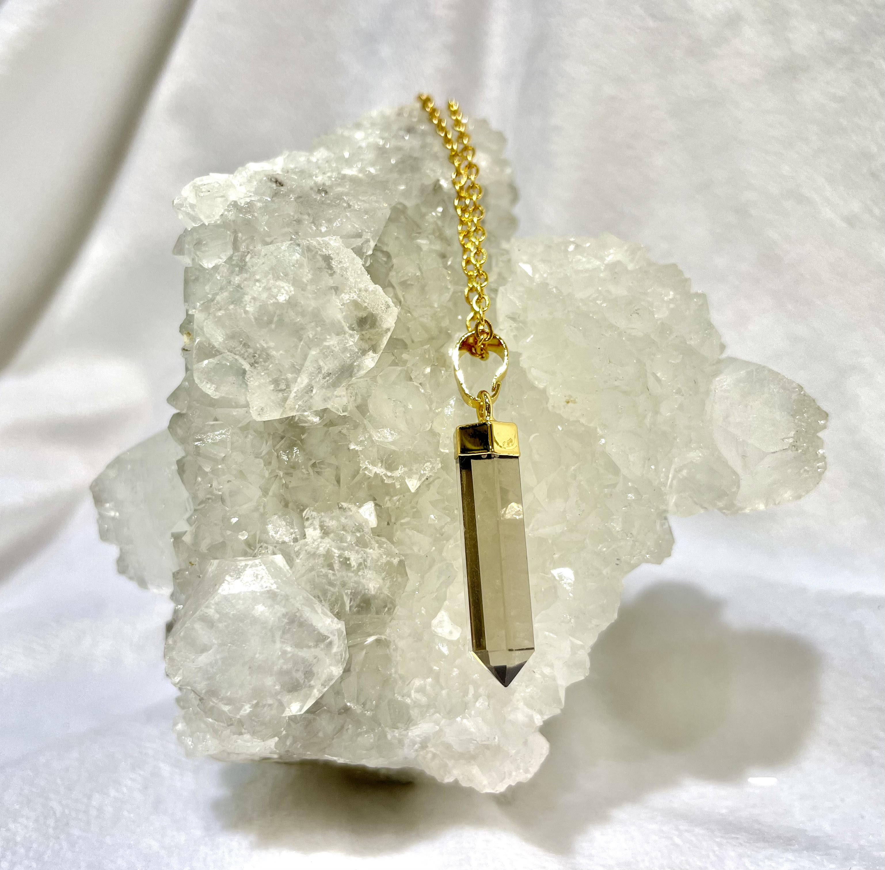 Smoky quartz point pendant in gold style finish Necklaces The Crystal and Wellness Warehouse 