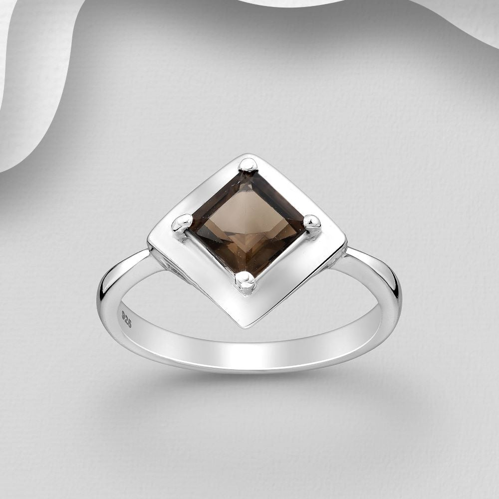 Smoky quartz square sterling silver ring in larger sizes 10-12
