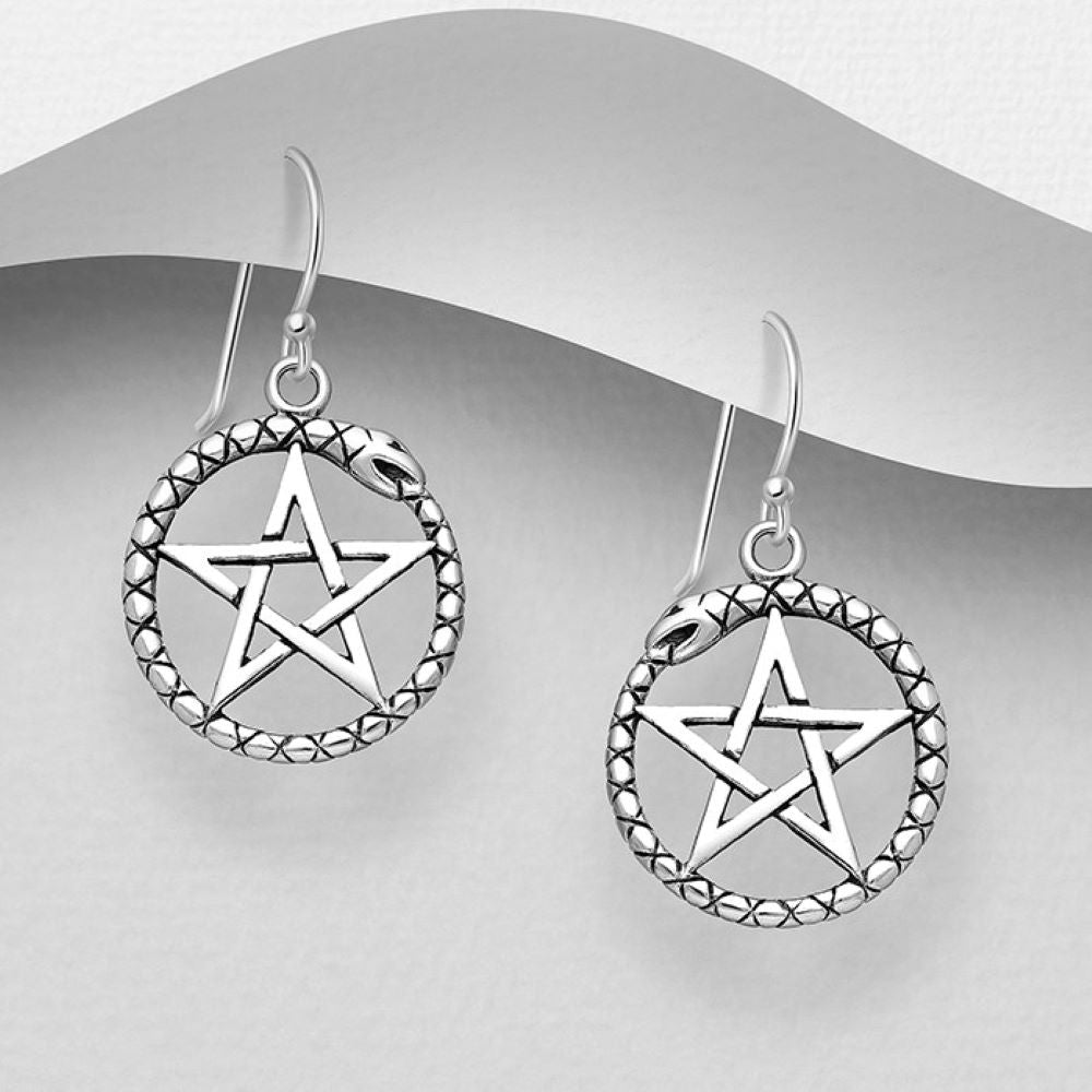 Sterling silver pentagram and Ouroboros hook earrings