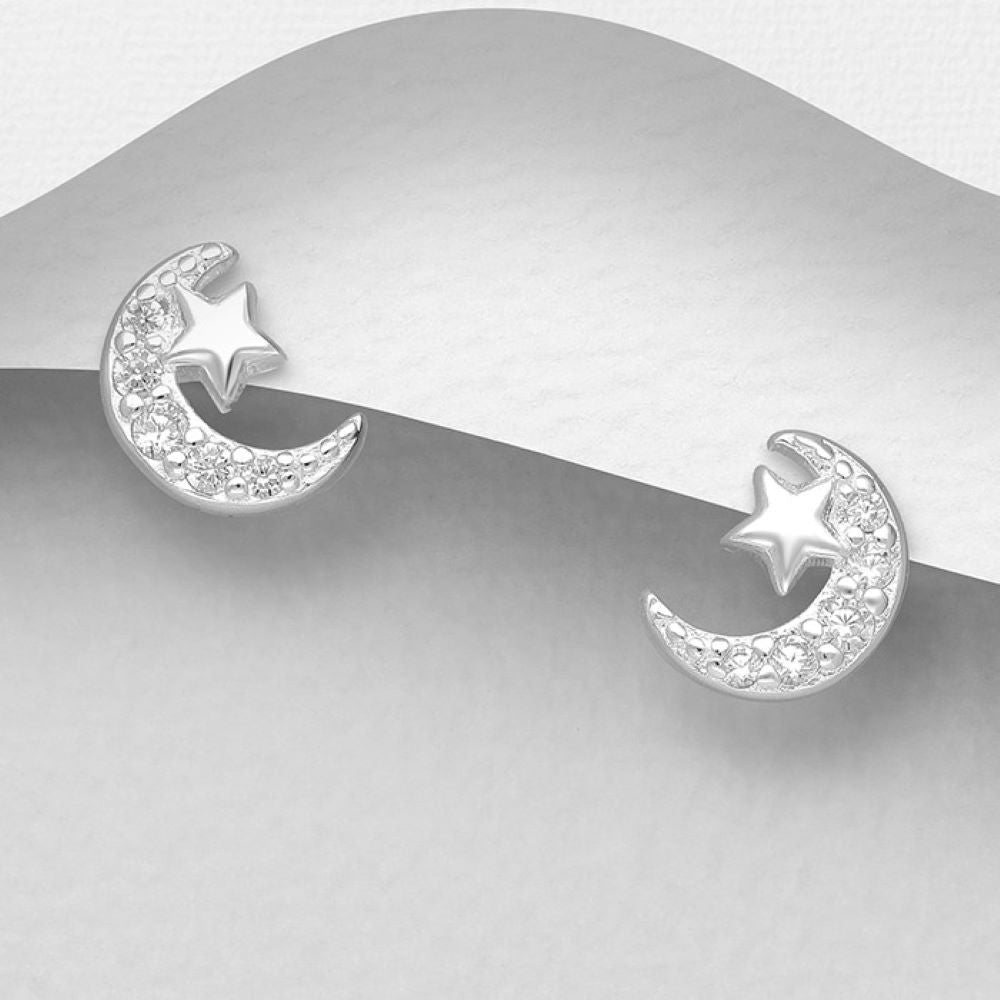 Crescent moon star silver studs set with cubic zirconias
