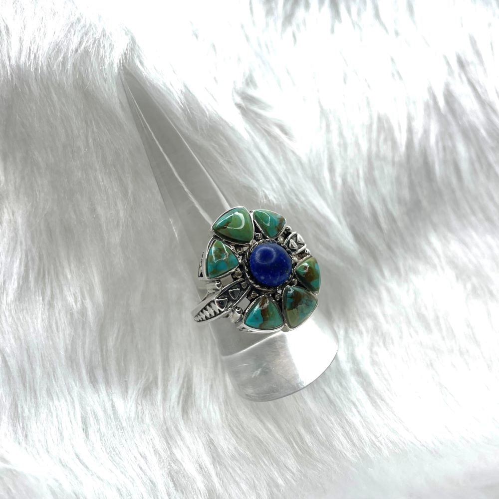 Native inspired design Lapis lazuli and turquoise sterling silver statement ring size 9 & 10
