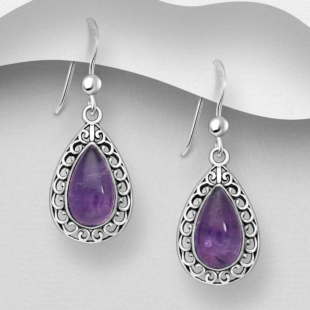 Boho swirl design sterling silver earrings set with teardrop cabochon crystals 5 crystal choices