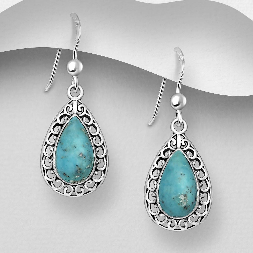 Boho swirl design sterling silver earrings set with teardrop cabochon crystals 5 crystal choices