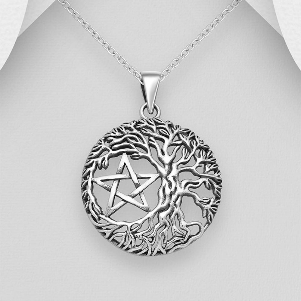 Mystical Celtic tree of life pentagram sterling silver pendant