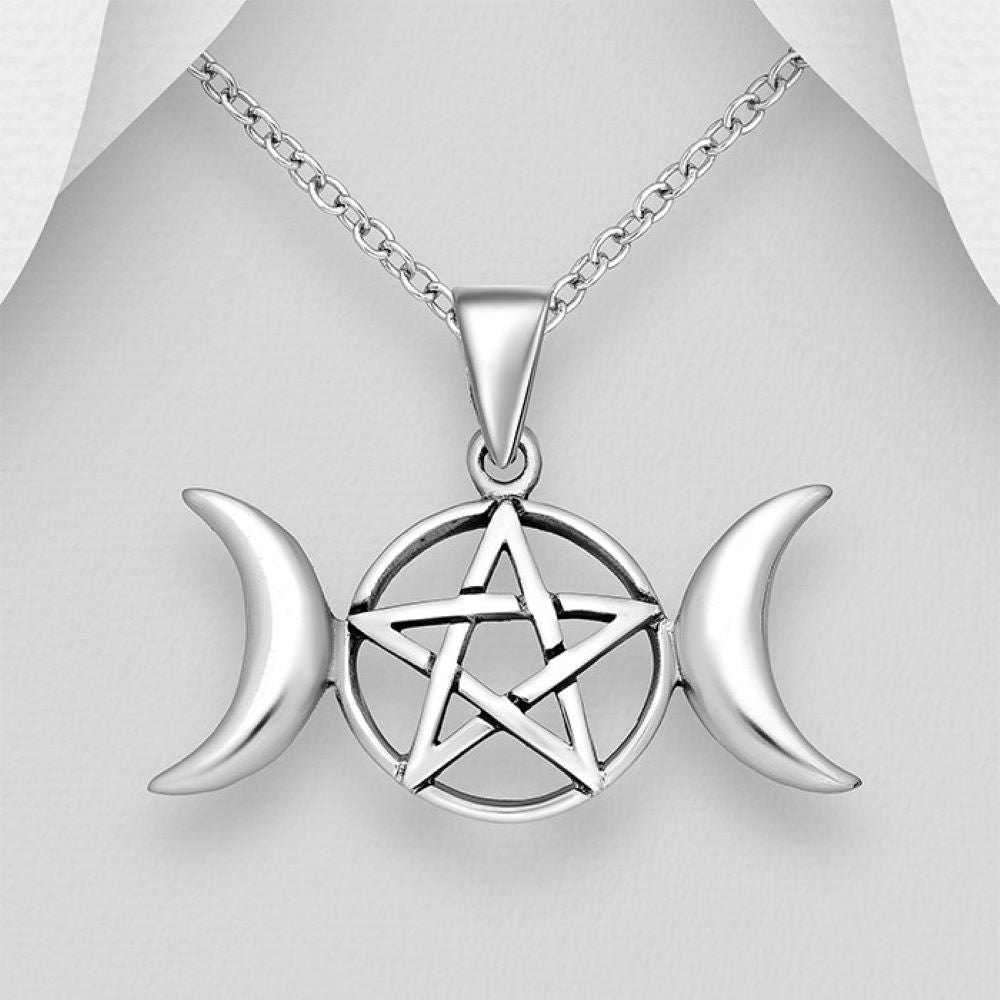 Triple moon pentagram silver pendant