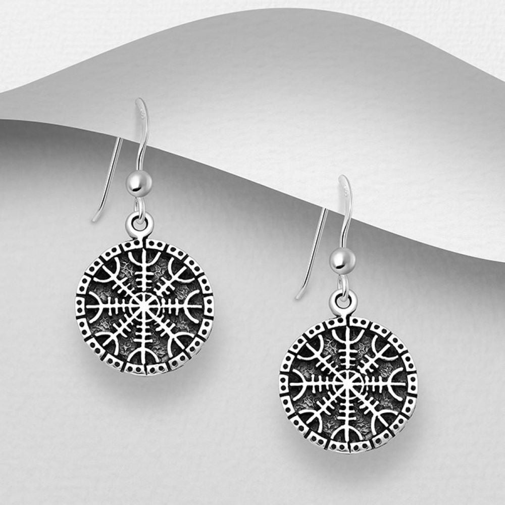 Viking vegvisir amulet hook earrings in sterling silver